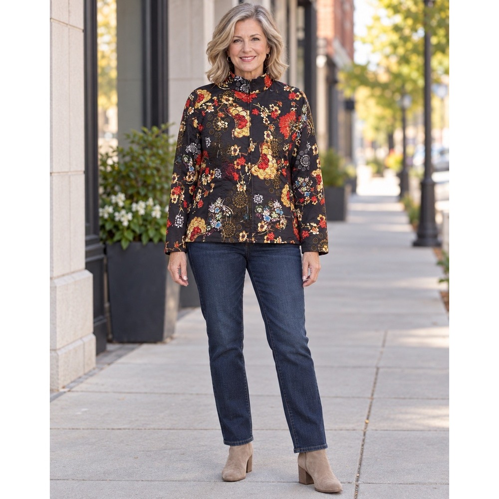 Chico's Women's Size 2 Large Jacket Zip-Brown Orange Floral Pockets Lined Artsy